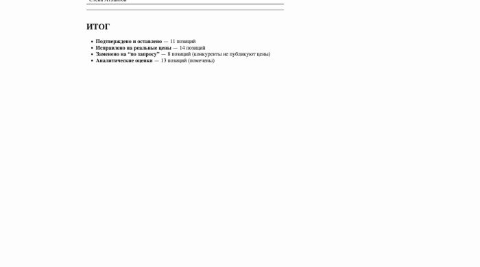 Фрагмент повторной проверки цен конкурентов